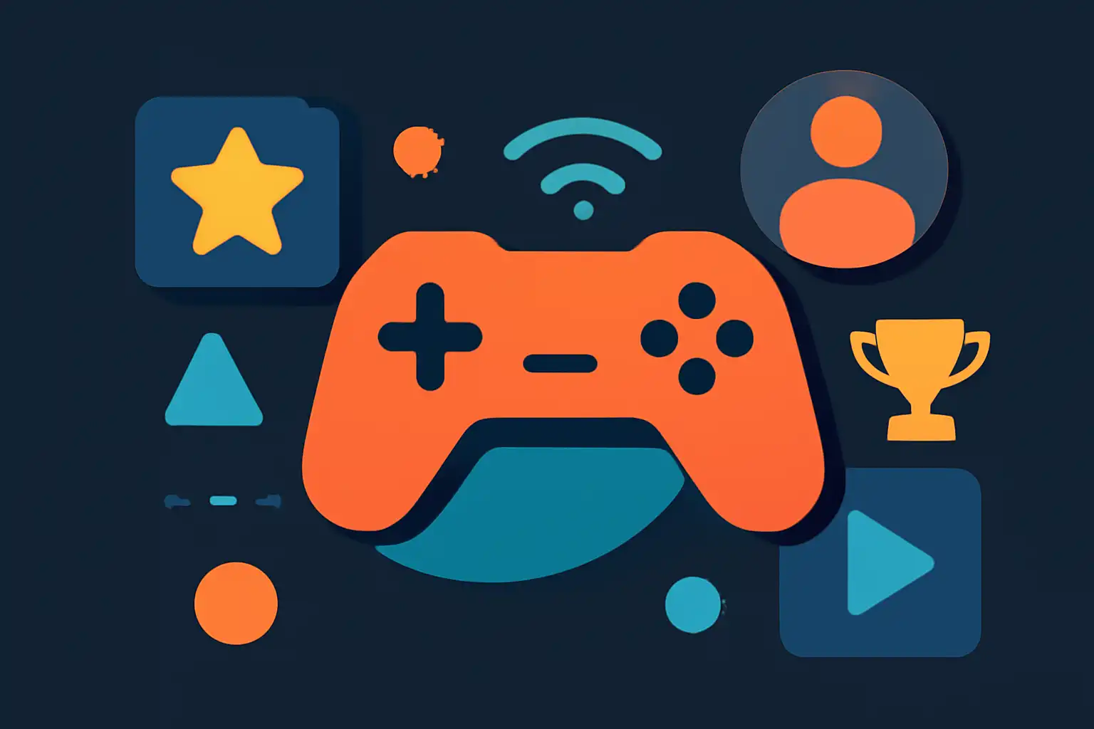 Hero illustration: Big Daddy Game, modern flat design, dark background, brand-neutral, icons and shapes only, no text