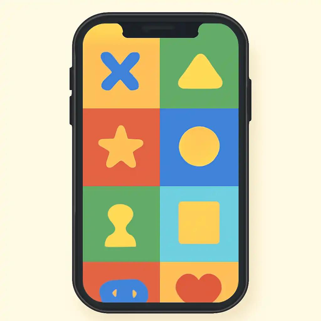 Smartphone shown from the front displaying a colourful flat layout of abstract game icons and rounded tiles (no text, no letters, no labels), Big Daddy Game