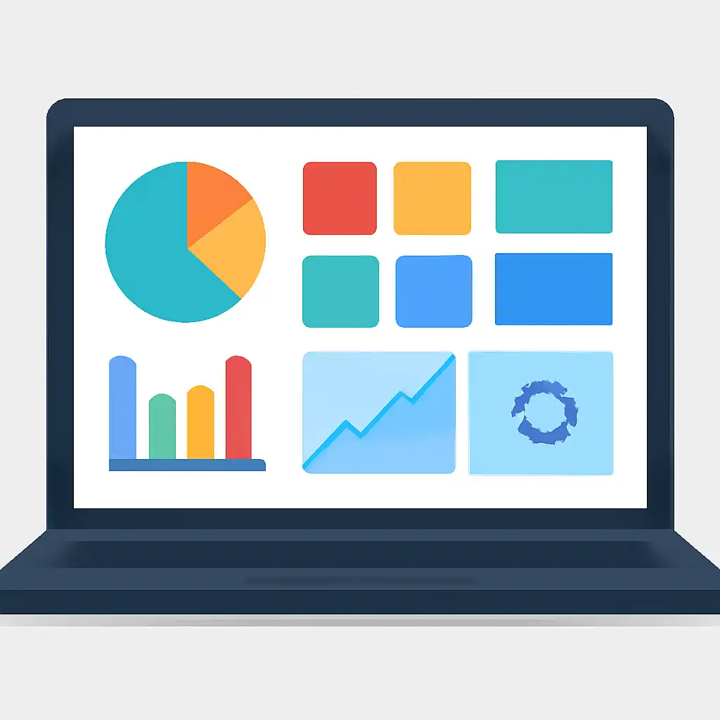 Laptop shown from the front displaying a colourful flat dashboard of abstract charts, bars and icon tiles (no text, no letters, no labels), Big Daddy Game